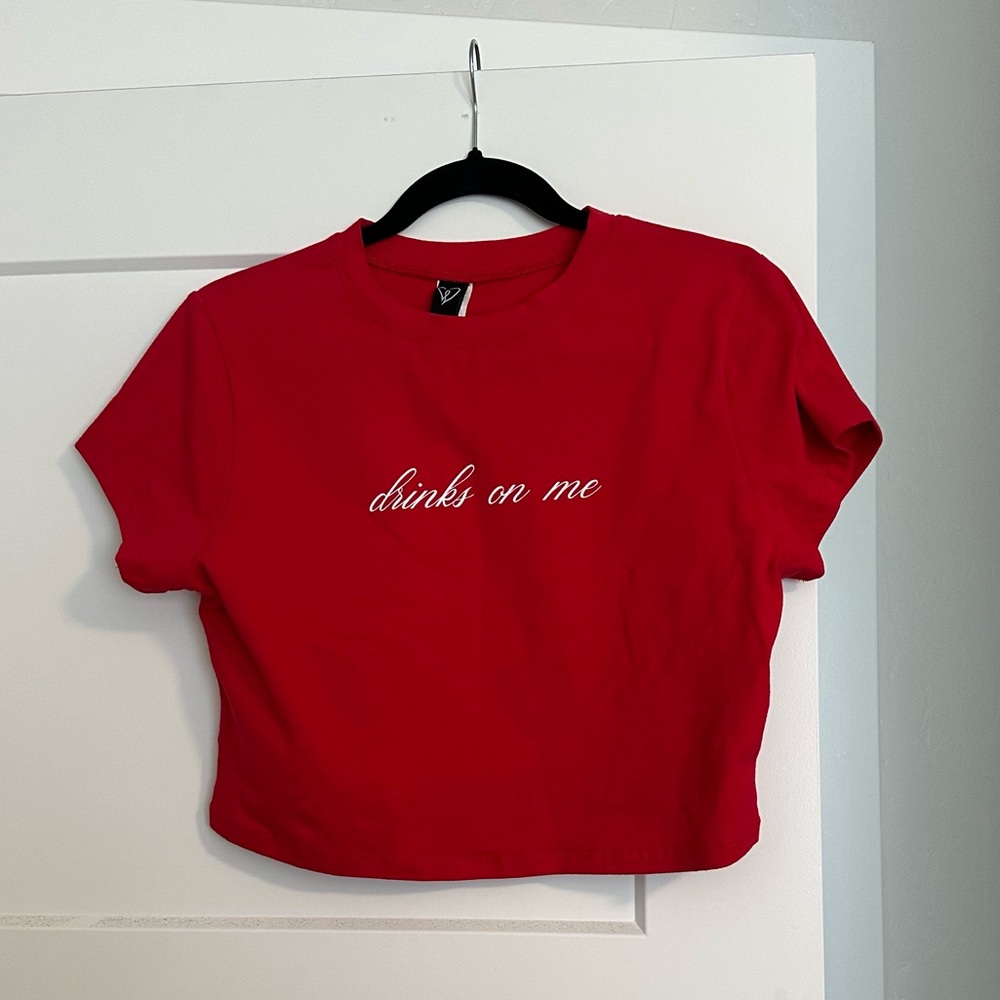 Red Crop Top T-Shirt with White Text
